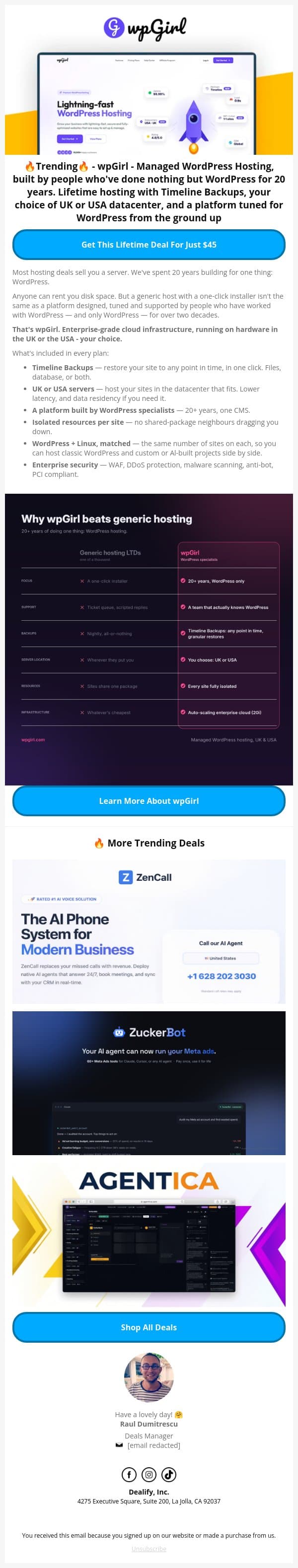 🚀 Trending Lifetime Deal - wpGirl - Lightning-fast WordPress hosting email from Dealify screenshot