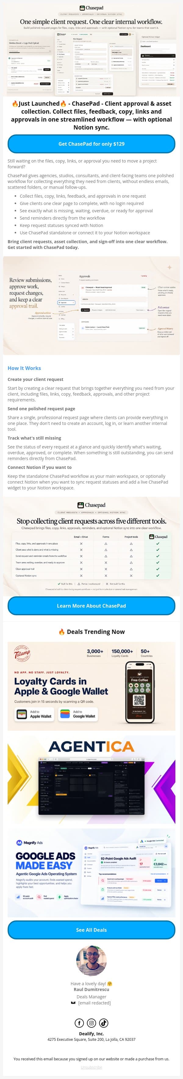 🔥 Just Launched Lifetime Deal: ChasePad - Client approval & asset collection email from Dealify screenshot
