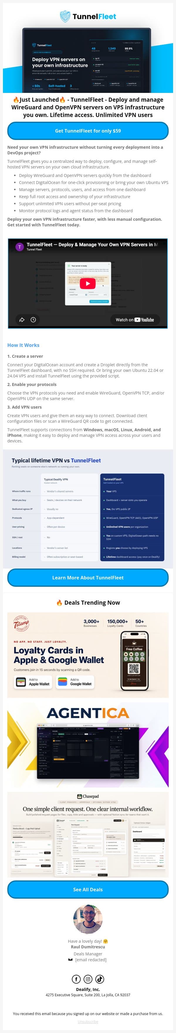 🚀 New Lifetime Deal: TunnelFleet - Deploy VPN servers on your own infrastructure email from Dealify screenshot