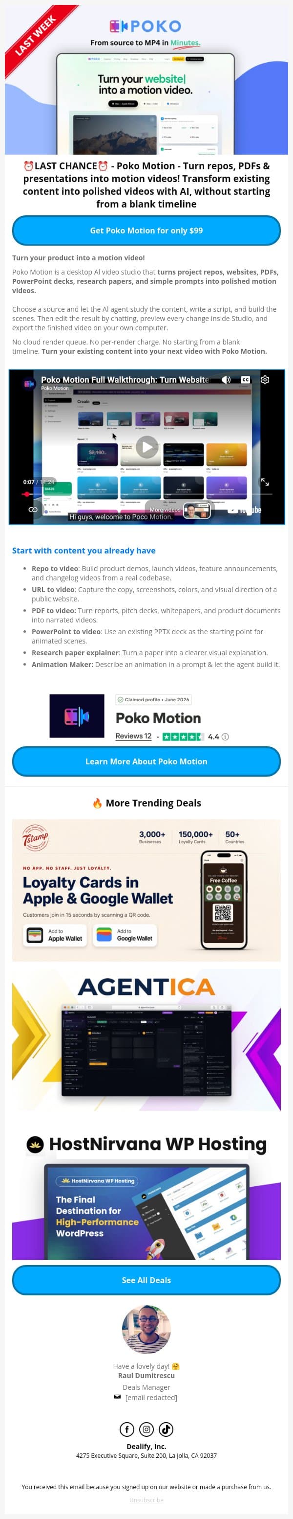 ⏰ ENDS THIS WEEK: Poko Motion - Turn repos, PDFs & presentations into motion videos email from Dealify screenshot