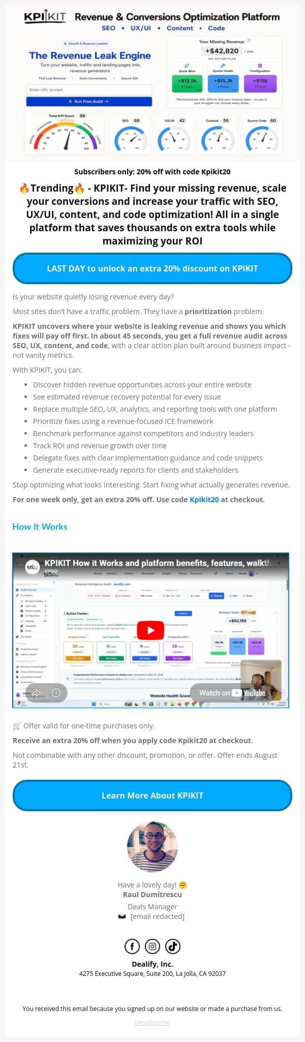 ⏰ LAST CHANCE to Save 20% on KPIKIT - Fix your SEO, UX/UI, Content and Code revenue leaks email from Dealify screenshot