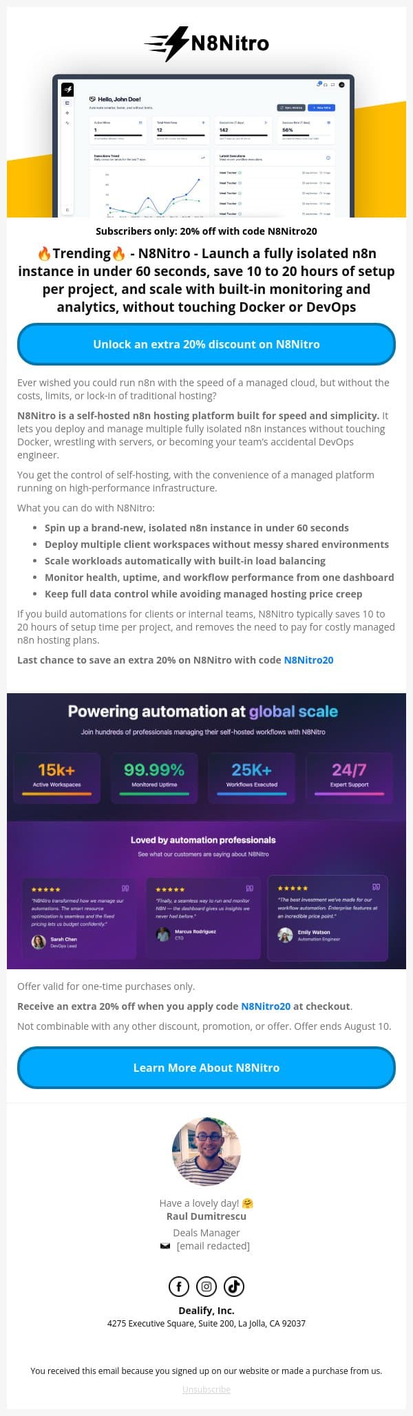 ⏰ Last Chance: Get Extra 20% off N8Nitro - Launch a fully isolated n8n instance in under 60 seconds email from Dealify screenshot