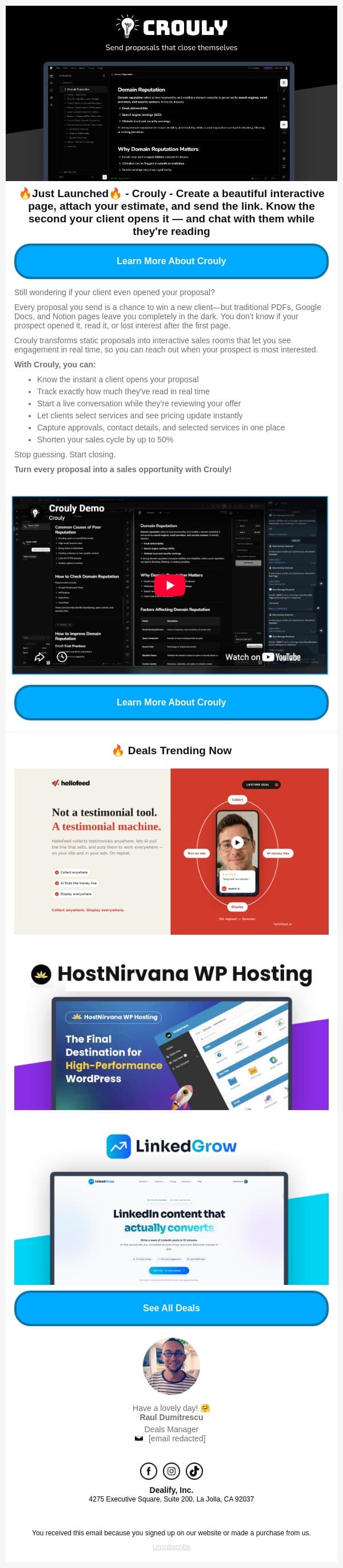 🔥 Just Launched Lifetime Deal: Crouly - Send proposals that close themselves email from Dealify screenshot