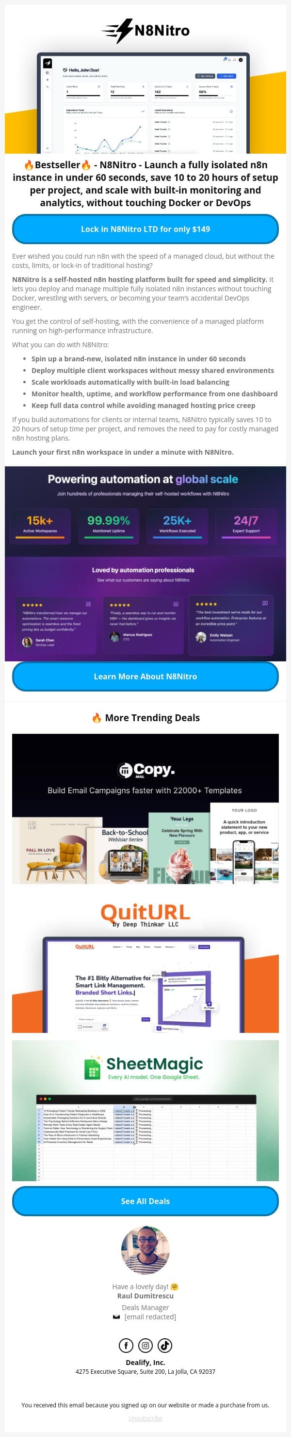 🤑 Price Just Dropped: N8Nitro - Self Hosted n8n With Auto Scaling and Analytics Built In email from Dealify screenshot