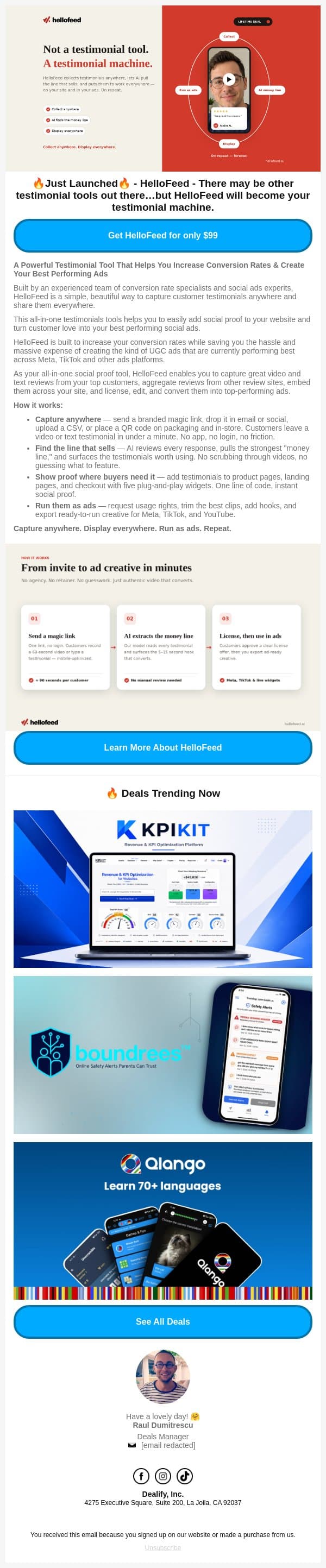 🔥 Just Launched Lifetime Deal: HelloFeed - Your testimonials deserve better than a tool. Meet the machine email from Dealify screenshot