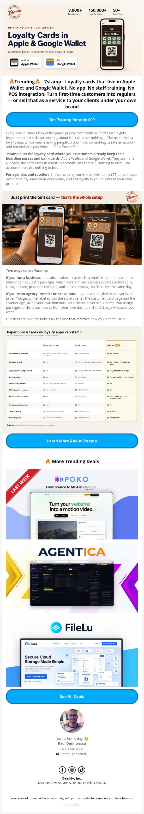 🔥 Trending Lifetime Deal: 7stamp - Loyalty Cards in Apple & Google Wallet email from Dealify screenshot