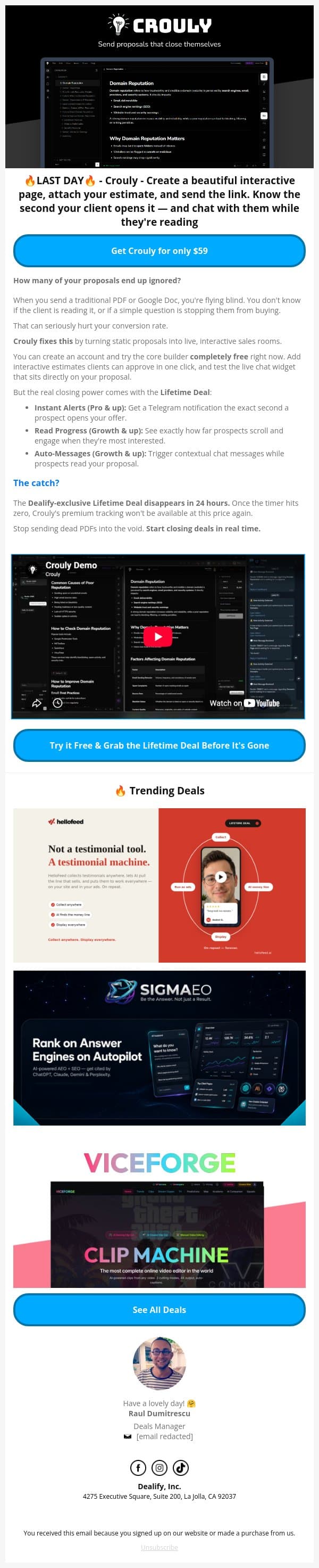 ⏰ LAST CHANCE: Crouly LTD - Send proposals that close themselves email from Dealify screenshot