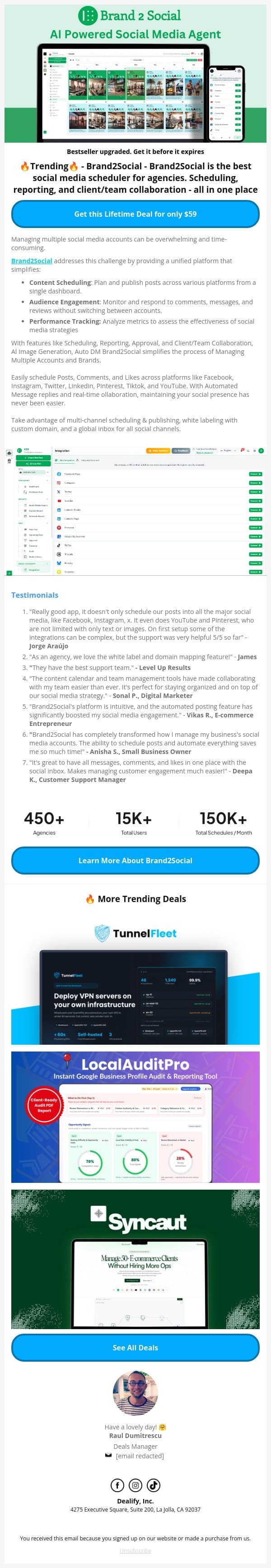 📣 Trending: Brand2Social Lifetime Deal - Boost social engagement 30% and reduce work by 40% email from Dealify screenshot