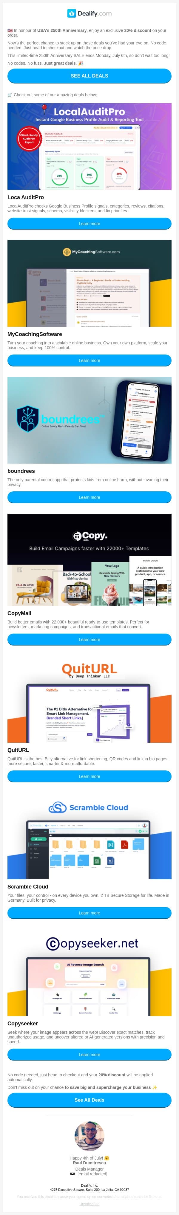 🔥 USA's 250th Anniversary Sale - Get an EXTRA 20% of ANY DEAL email from Dealify screenshot