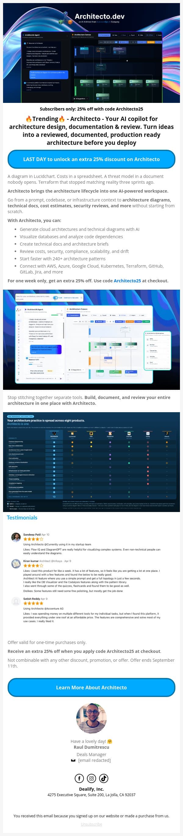 ⏰ LAST CHANCE: Save an Extra 25% off Architecto - From Prompt to Cloud Architecture in Seconds email from Dealify screenshot
