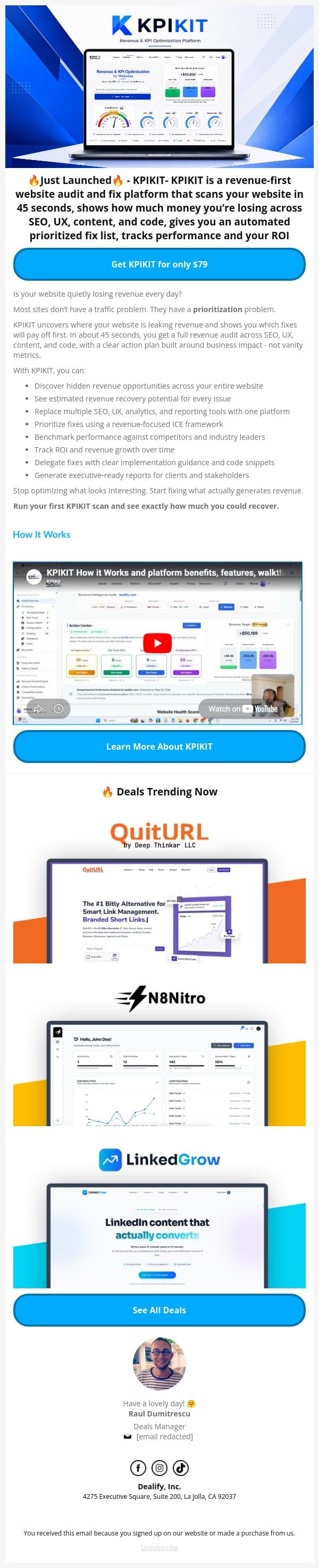 🚀 New Lifetime Deal: KPIKIT - Fix your SEO, UX/UI, Content and Code revenue leaks email from Dealify screenshot