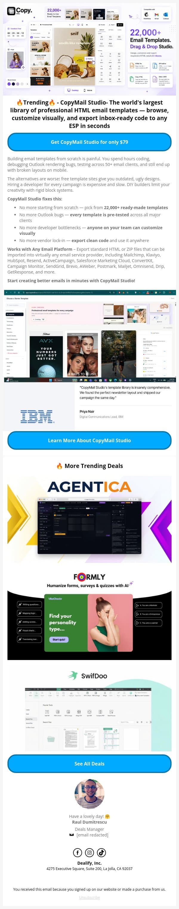 🚀 Trending Lifetime Deal: CopyMail Studio - Build Email Campaigns faster with 22,000+ Templates email from Dealify screenshot
