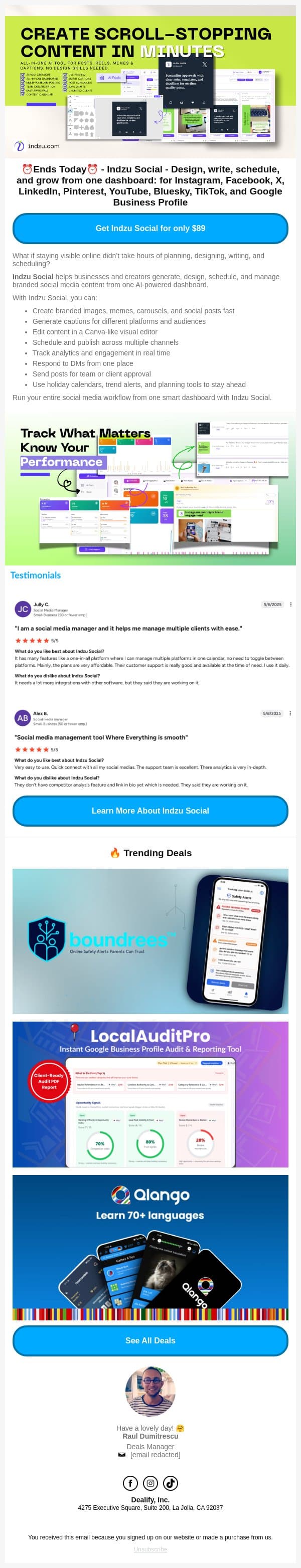 ⏰ Last Chance: Indzu Social - 30 Days of Social Media Contents in 10 Minutes email from Dealify screenshot