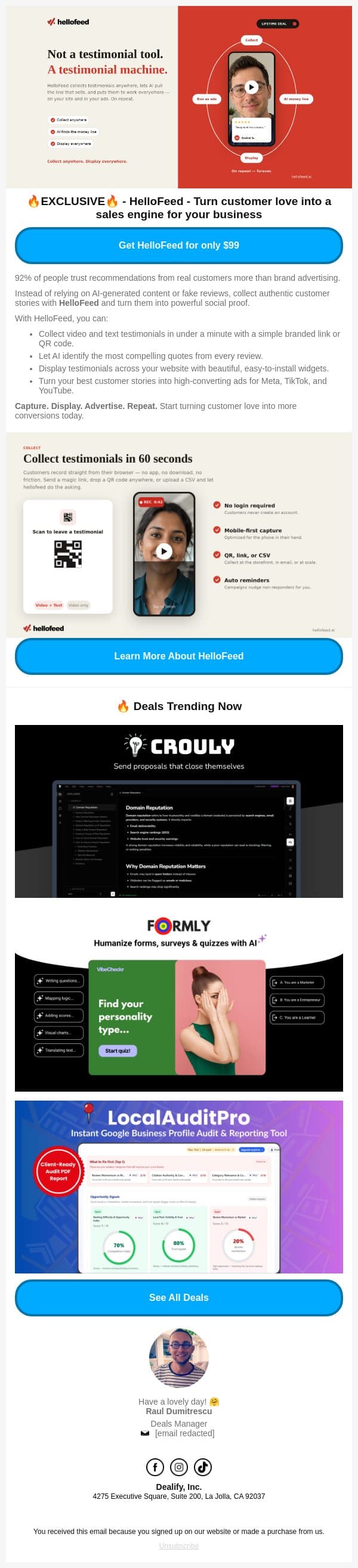 ✨ Dealify Exclusive: HelloFeed - Your testimonial machine: capture customer love, run it as ads, repeat email from Dealify screenshot