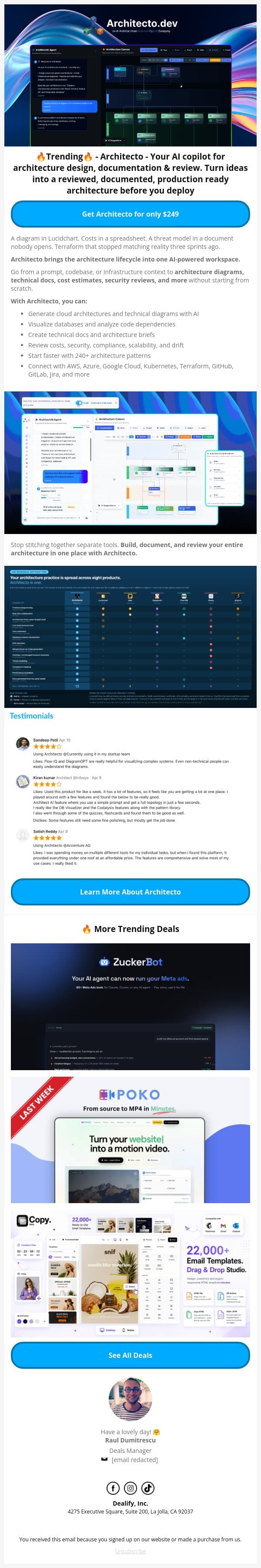 🚀 Trending Lifetime Deal: Architecto - Your Al Copilot for Design, Docs & Deploy email from Dealify screenshot