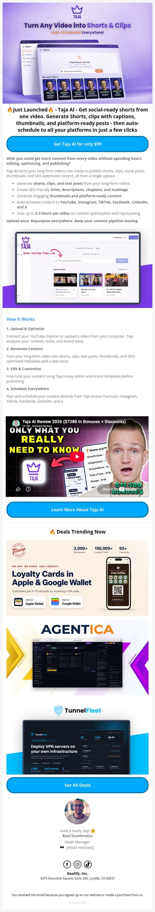 🔥 Just Launched Lifetime Deal: Taja AI - Turn Any Video into Shorts & Clips email from Dealify screenshot