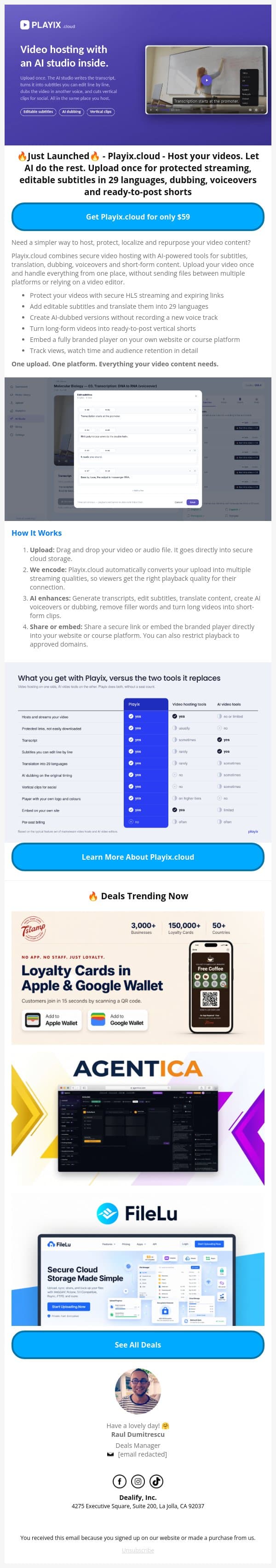 🚀 New Lifetime Deal: Playix.cloud - Video hosting with an Al studio inside email from Dealify screenshot