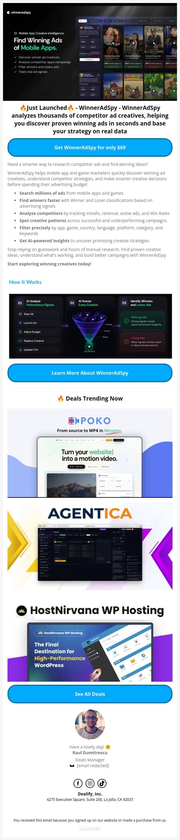 🔥 Just Launched Lifetime Deal: WinnerAdSpy - Find Winning Ads of Mobile Apps email from Dealify screenshot