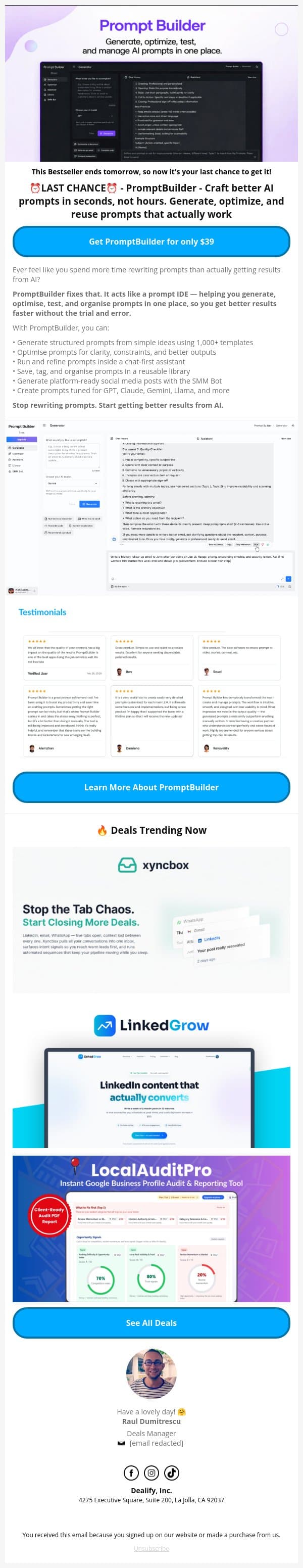 ⏰ LAST DAY: PromptBuilder - Generate, optimize, test, and manage AI prompts in one place email from Dealify screenshot