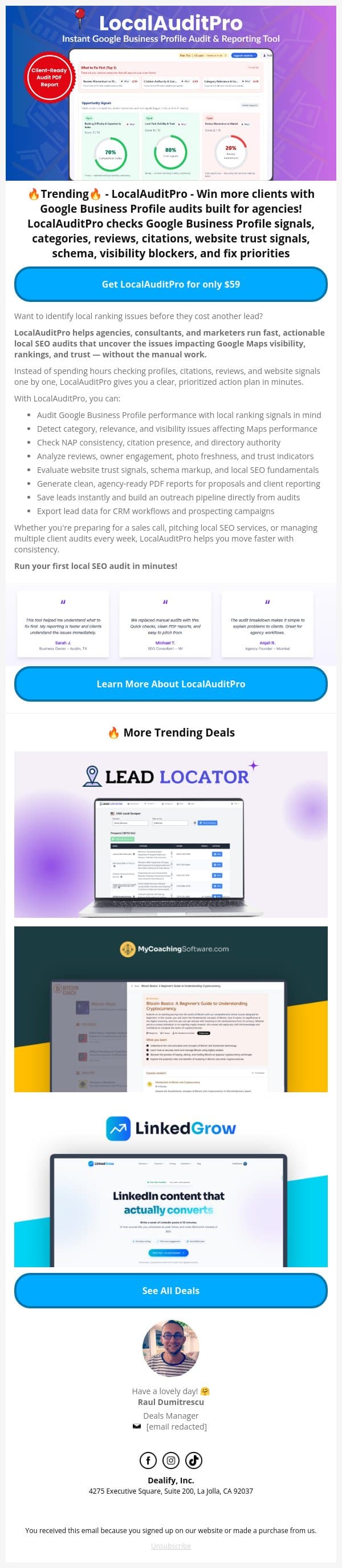 📣 Trending Lifetime Deal: LocalAuditPro - Instant Google Business Profile Audit & Reporting Tool email from Dealify screenshot