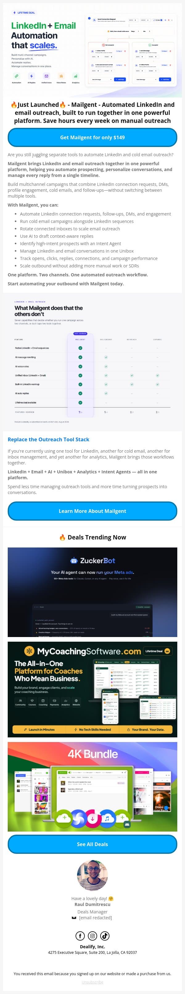 🚀 New Lifetime Deal: Mailgent - LinkedIn and email automation that scales email from Dealify screenshot