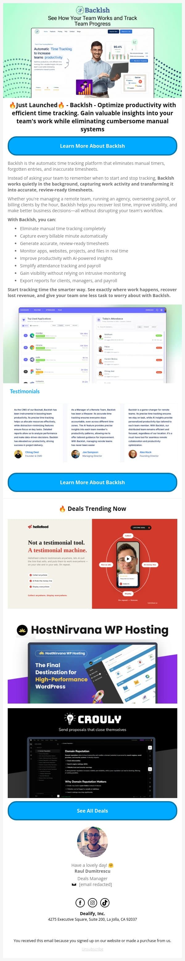 🔥 Just Launched Lifetime Deal: Backlsh - Optimize productivity with efficient time tracking email from Dealify screenshot