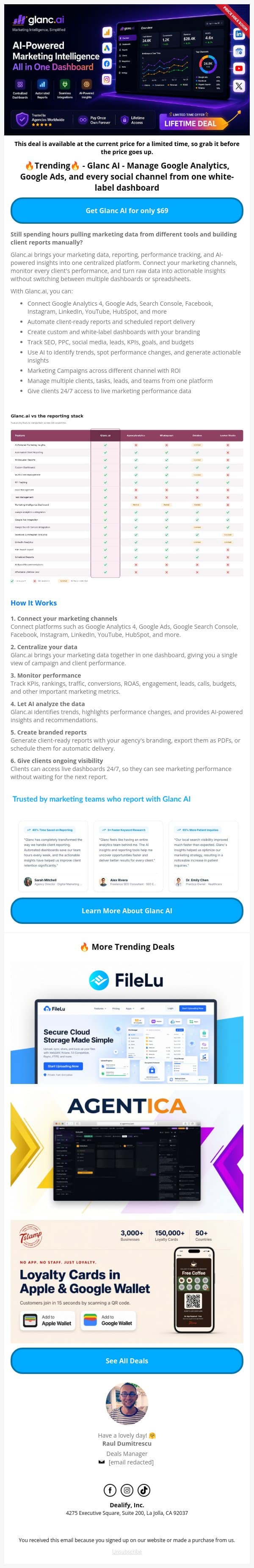 💸 Price Increasing Soon - Glanc AI: Al-Powered Marketing Intelligence. All in One Dashboard email from Dealify screenshot