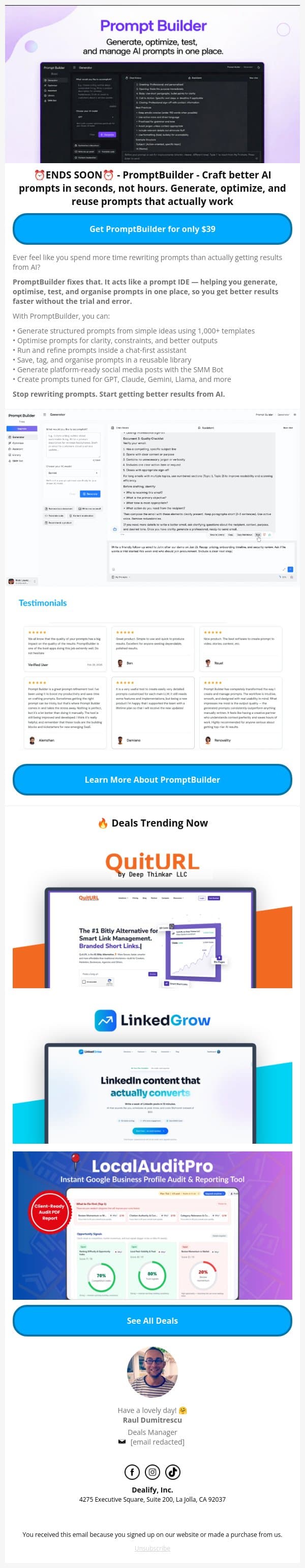 ⏰ Ends Next Week: PromptBuilder - Generate, optimize, test, and manage AI prompts in one place email from Dealify screenshot