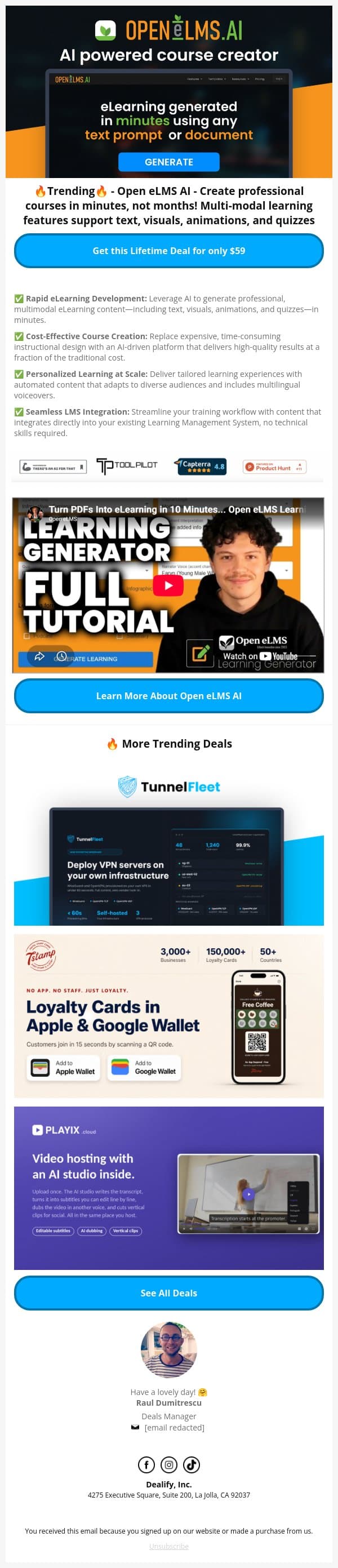⭐ Trending Lifetime Deal: Open eLMS Al - Your Al powered course creator email from Dealify screenshot