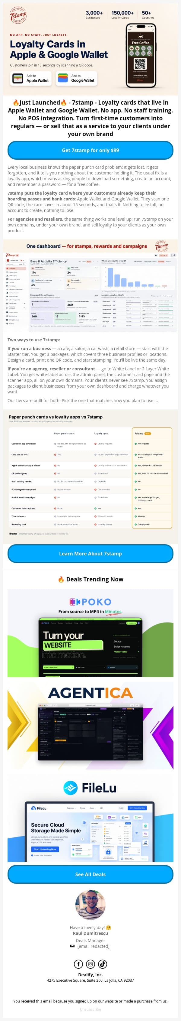 🔥 Just Launched Lifetime Deal: 7stamp - Loyalty Cards in Apple & Google Wallet email from Dealify screenshot
