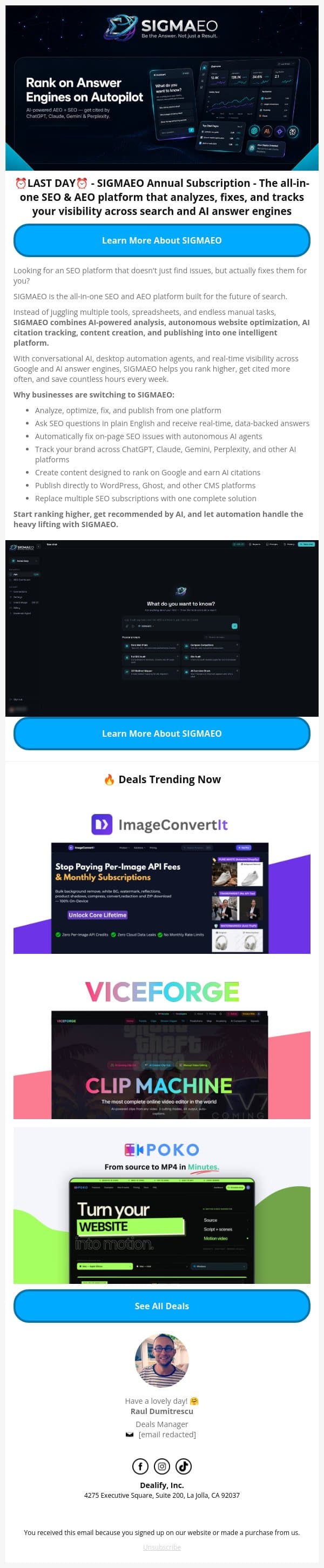 ⏰ LAST CHANCE: SIGMAEO Annual Subscription Deal: - Rank on Google. Get Cited by AI email from Dealify screenshot