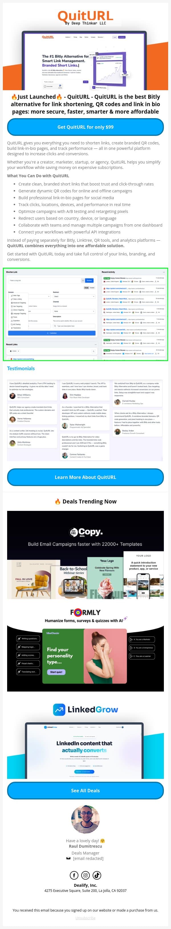 🚀 New Lifetime Deal: QuitURL - The best Bitly alternative for link shortening, QR codes and link in bio pages email from Dealify screenshot