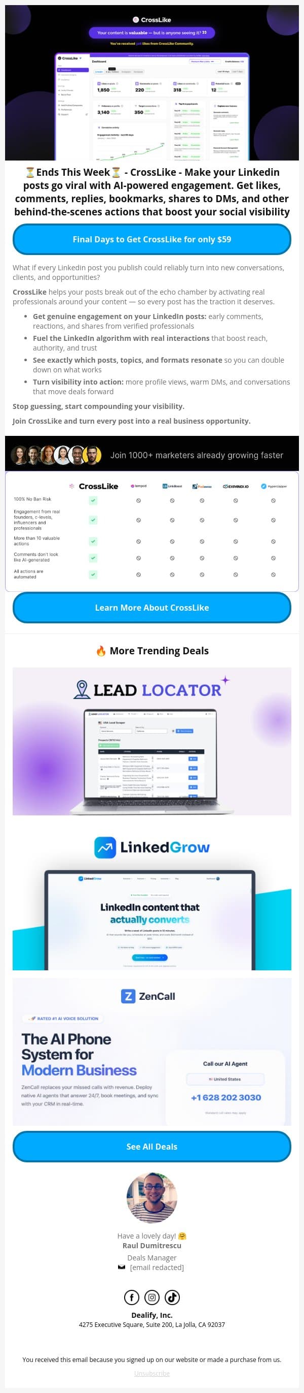 Ends Soon ⏰: CrossLike - A smarter way to grow your LinkedIn visibility with real people email from Dealify screenshot