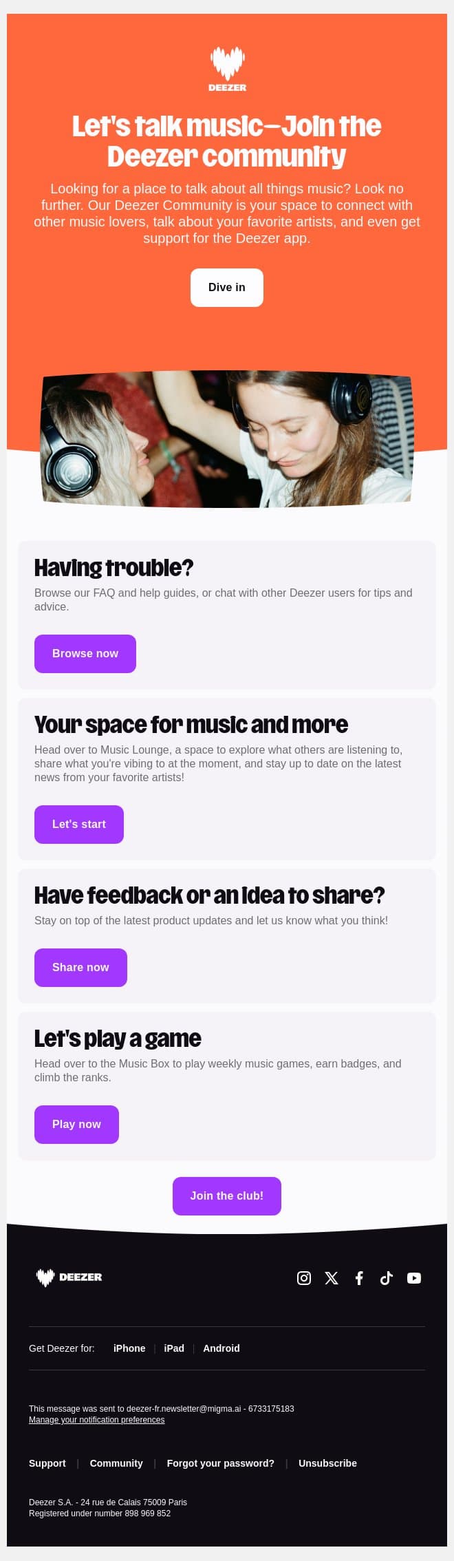 Join the Deezer community 🎶 email from Deezer screenshot
