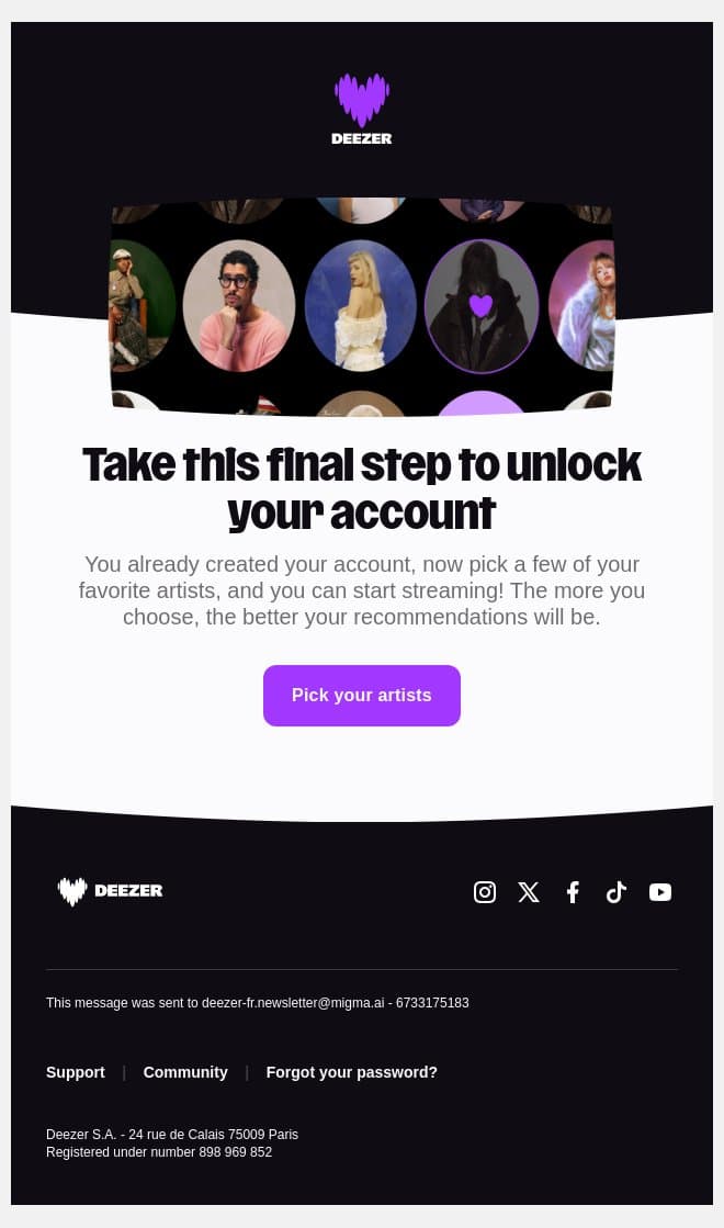 Unlock your account in a few clicks ⚡ email from Deezer screenshot