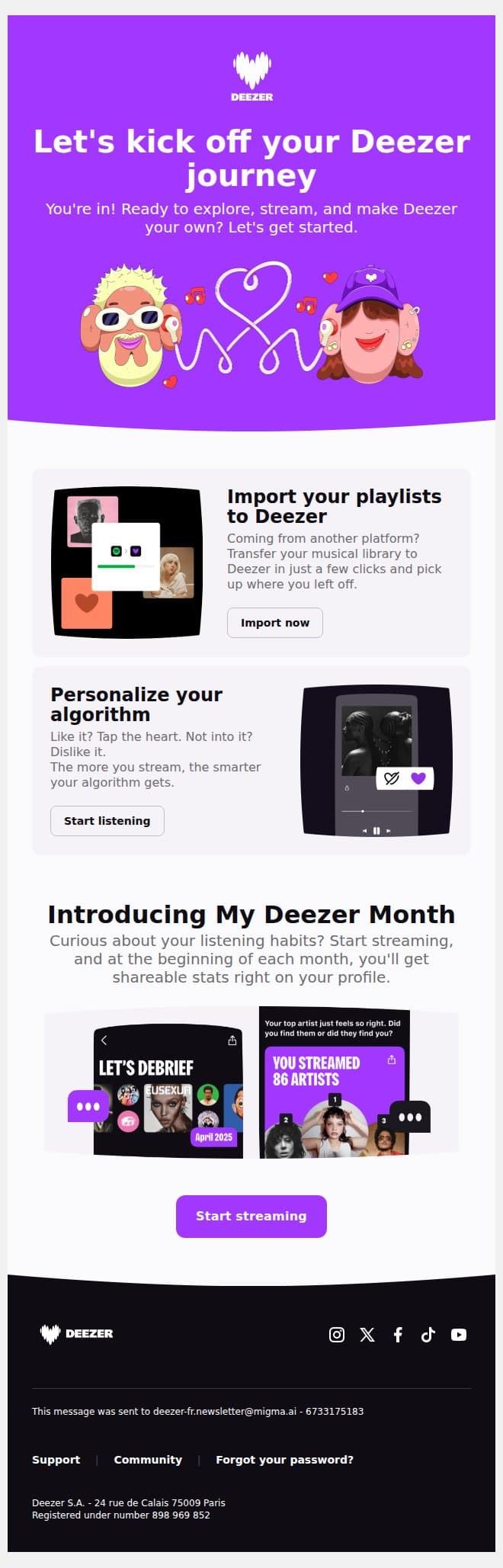 Welcome to Deezer! Let's get started 🎶 email from Deezer screenshot