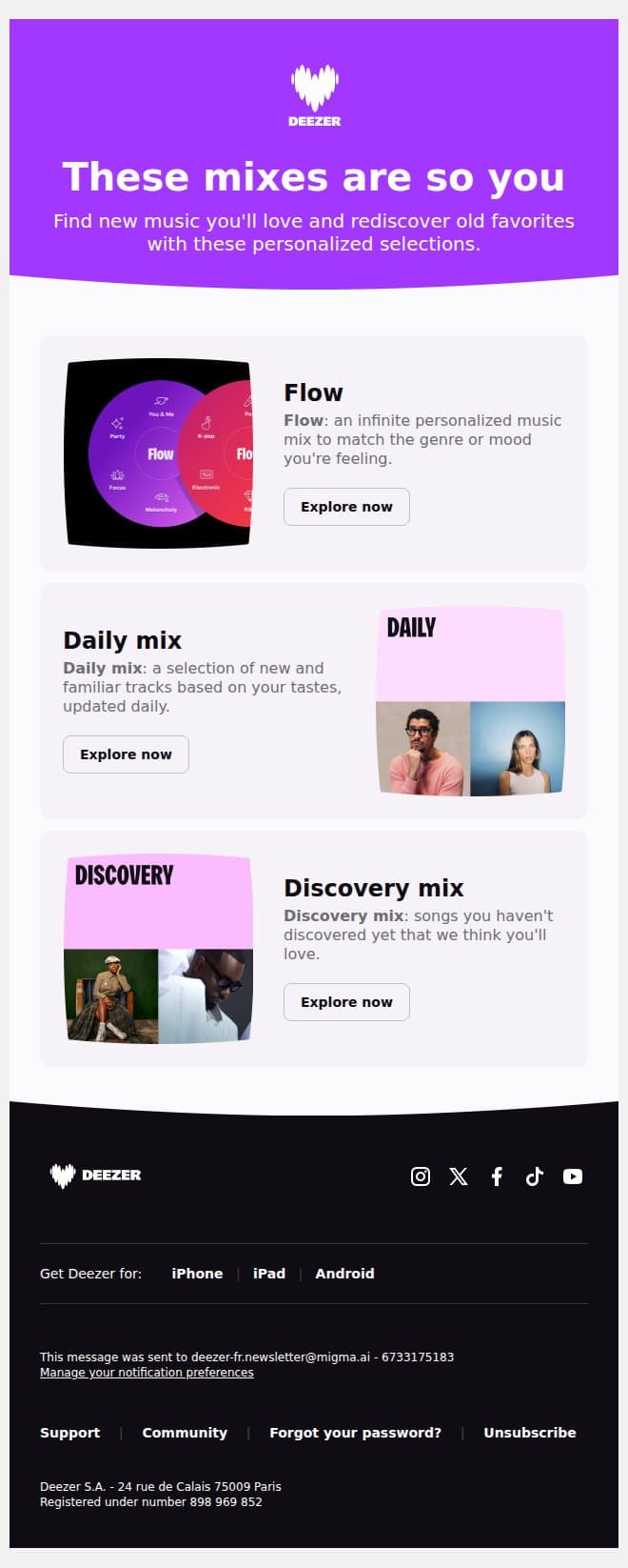 Mixes made for you 🎧 email from Deezer screenshot