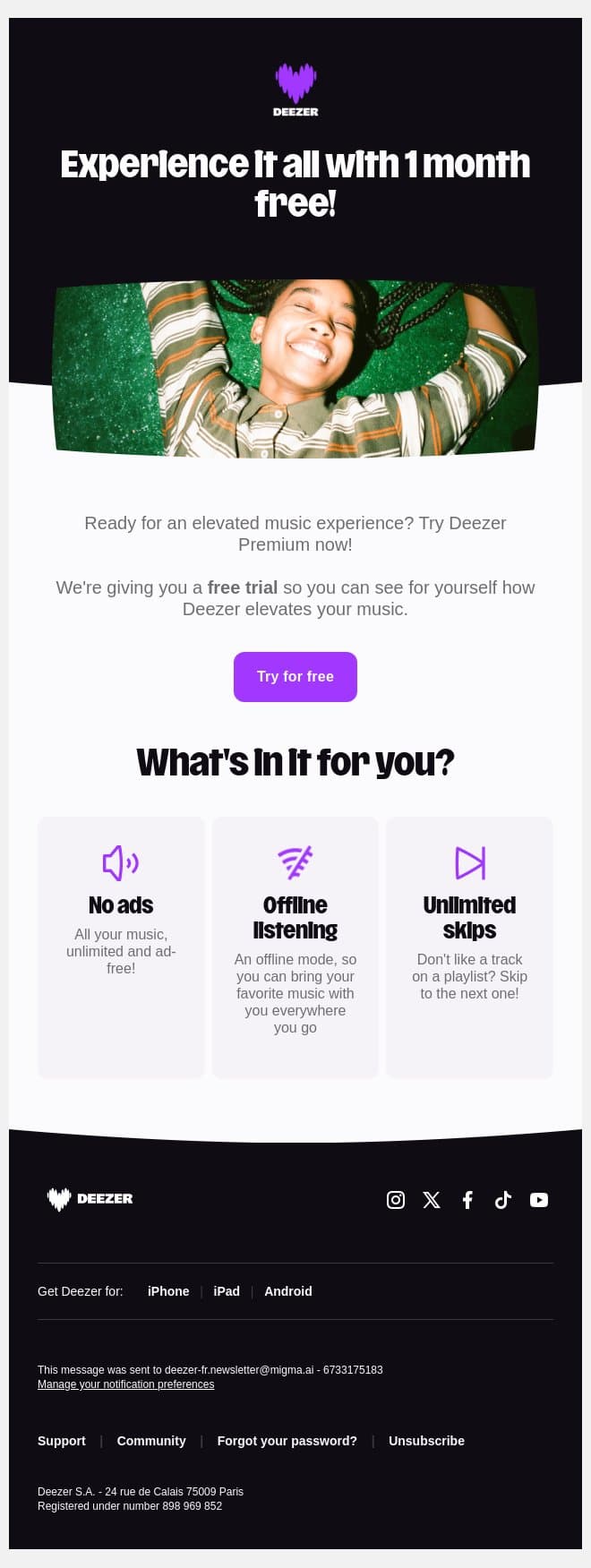 Exclusive offer! 💜 email from Deezer screenshot