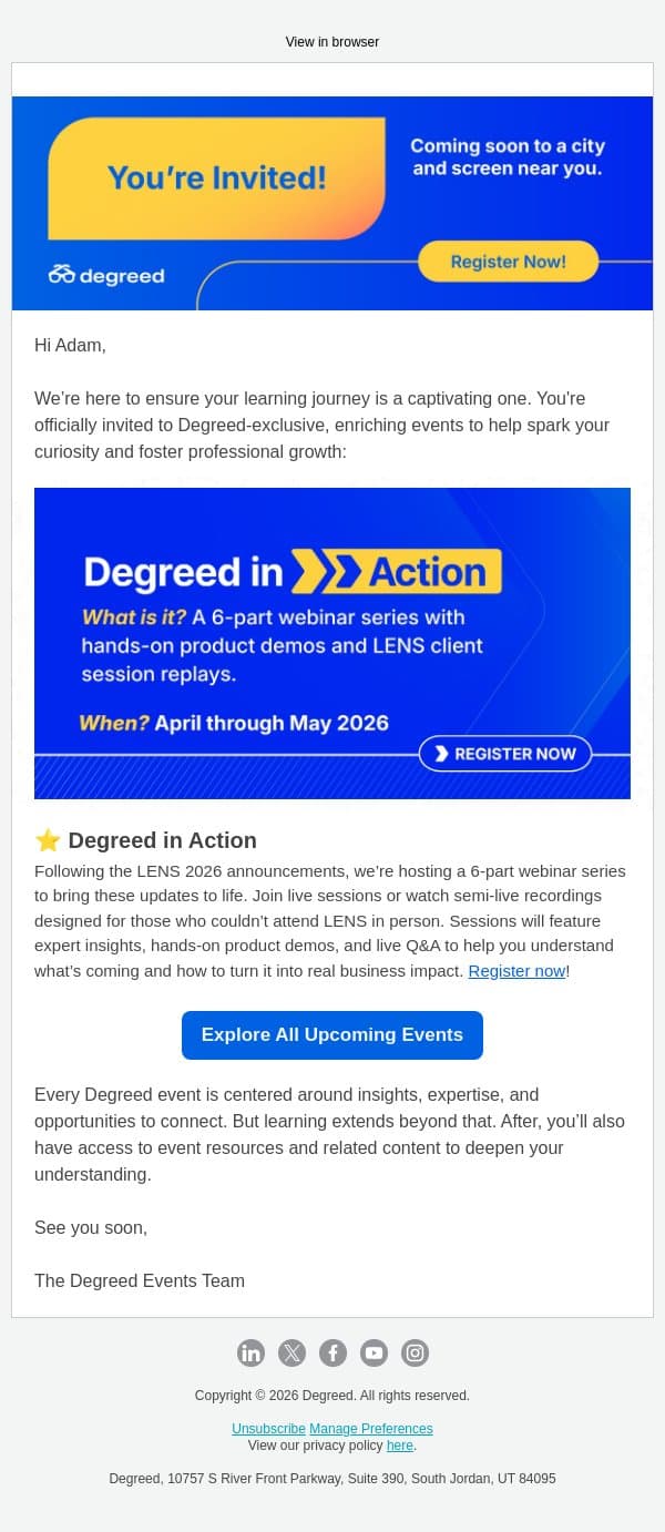 Let’s connect! Upcoming events just for you. email from Degreed screenshot