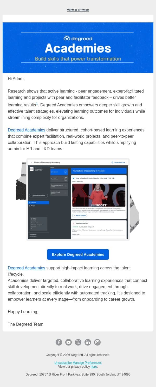 Only 10% of your training delivers results. Change that with Degreed Academies. email from Degreed screenshot