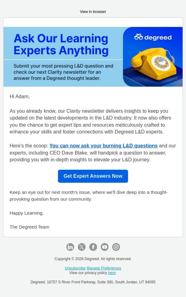 Ask an L&D expert your burning questions 🔥 email from Degreed screenshot