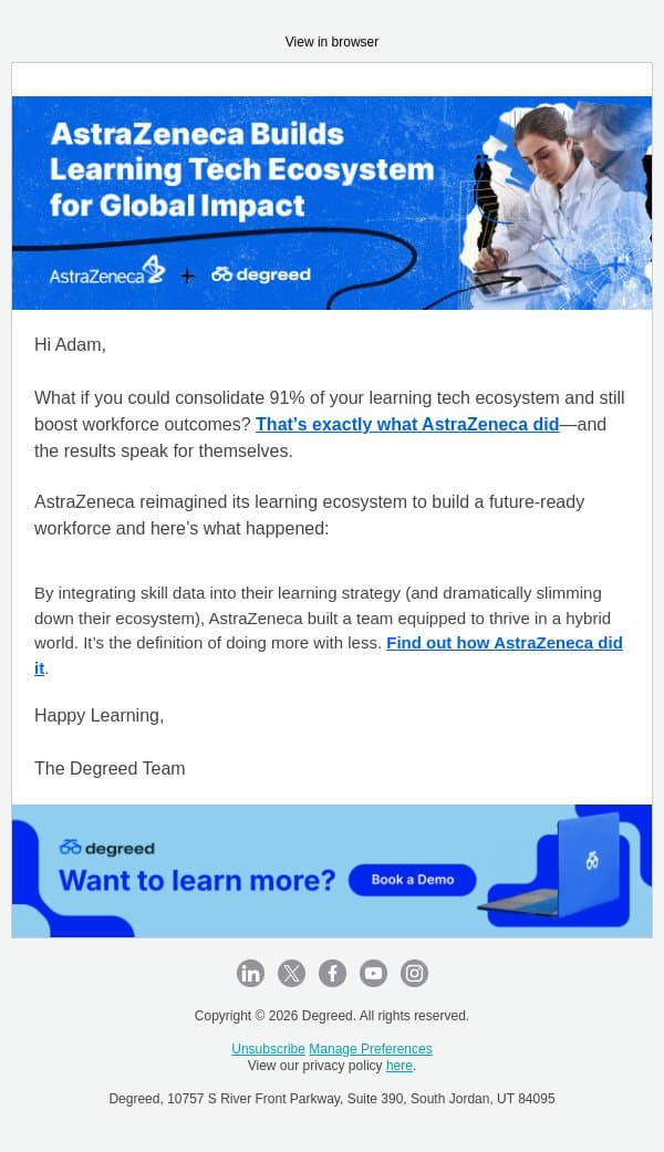 How AstraZeneca Cut 91% of Learning Systems—and Thrived email from Degreed screenshot
