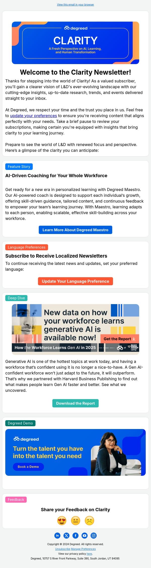 Welcome to the Clarity Newsletter: A Fresh Perspective on L&D email from Degreed screenshot
