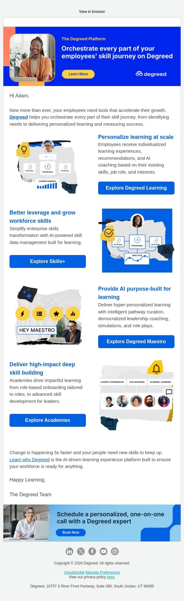 Empower your workforce with personalized skill development email from Degreed screenshot