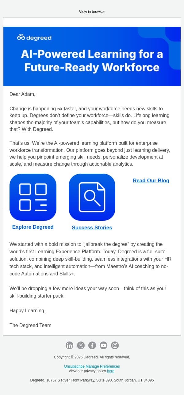 Welcome! Start Your Journey to Skill Mastery with Degreed email from Degreed screenshot