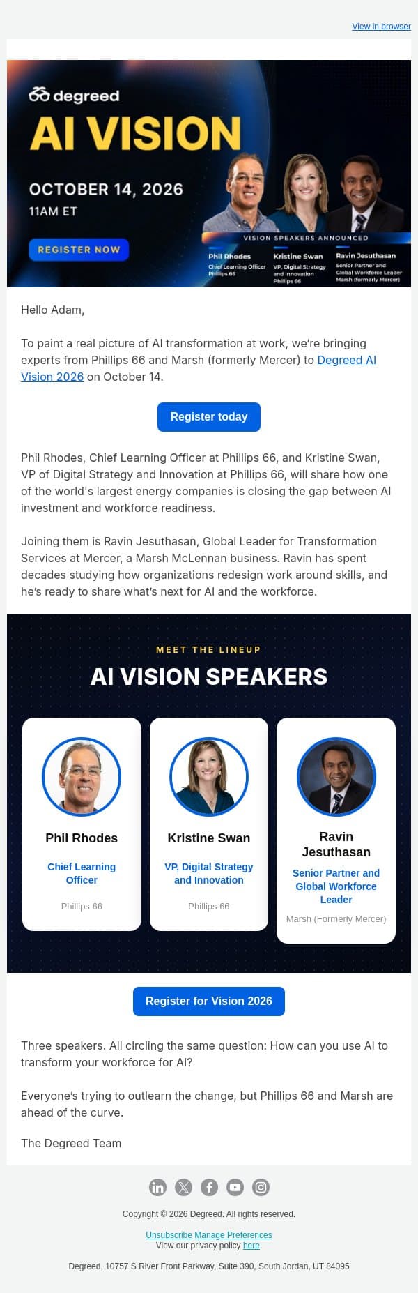 Announcement: Phillips 66 and Marsh (formerly Mercer) join the 2026 AI Vision speaker lineup email from Degreed screenshot