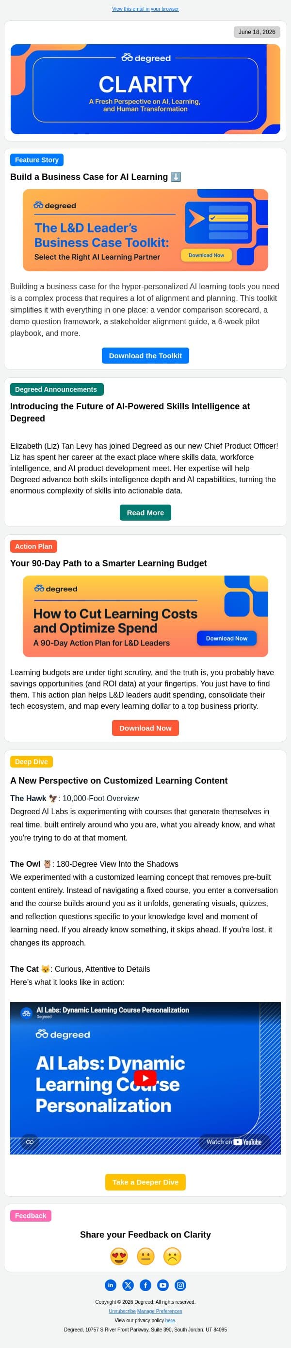 Everything You Need to Make a Business Case for AI Learning ⬇️ email from Degreed screenshot