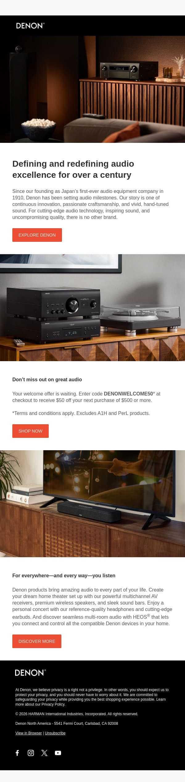 Explore Denon’s premium audio offerings and prepare to hear sound differently. email from Denon screenshot