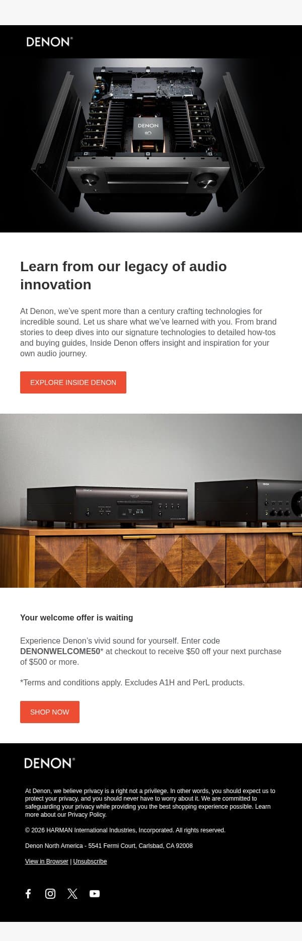 ✨ Explore Denon and take $50 off your next qualifying purchase! ✨ email from Denon screenshot