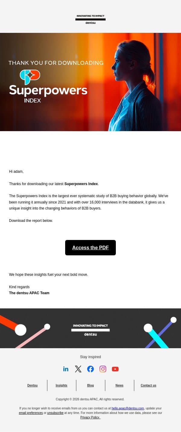 Thank you for downloading dentsu’s Superpowers Index 2025 email from Dentsu screenshot